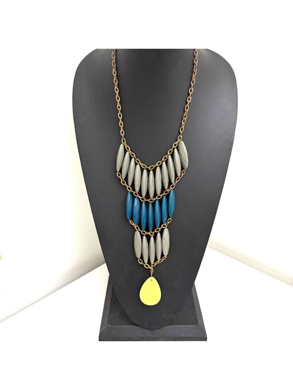 David Aubrey Necklace Beaded Layered Statement Bohemian Blue Yellow 20 inches